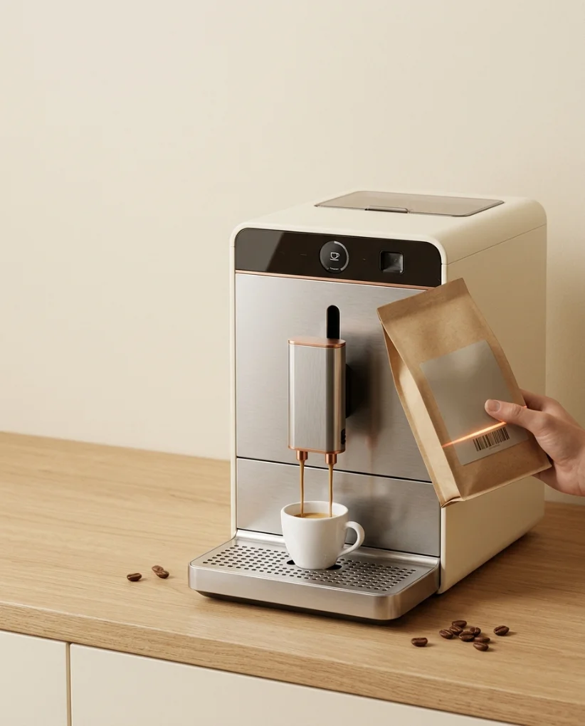 Rendu 3D : la machine Intended, un paquet de café artisanal et le scan du code-barres